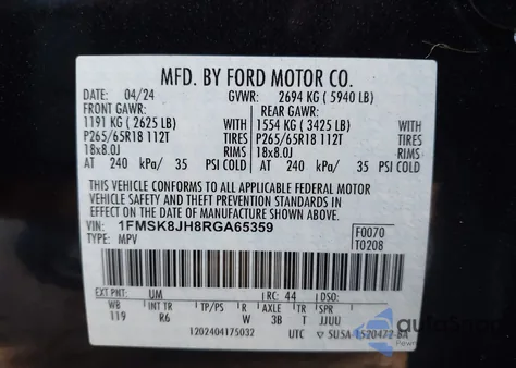 2024 Ford Explorer Timberline z USA, uszkodzony, nr VIN 1FMSK8JH8RGA65359